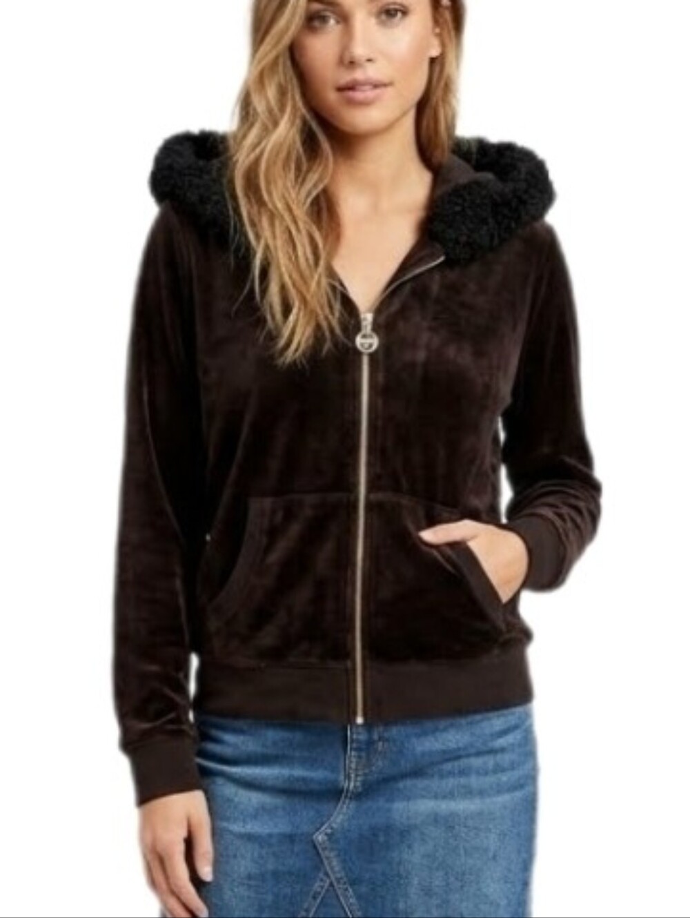 Michael Kors Velvet w Faux Fur Detail  & Metal Zipper Hoodie Jacket Blac…